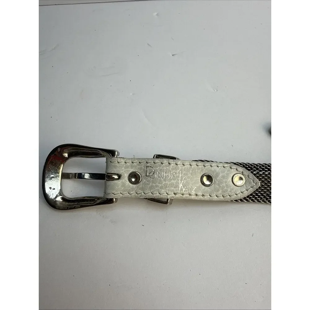 Donna Katz Women's Small White Leather and Silver Metal Mesh Star Belt Heavy EUC
